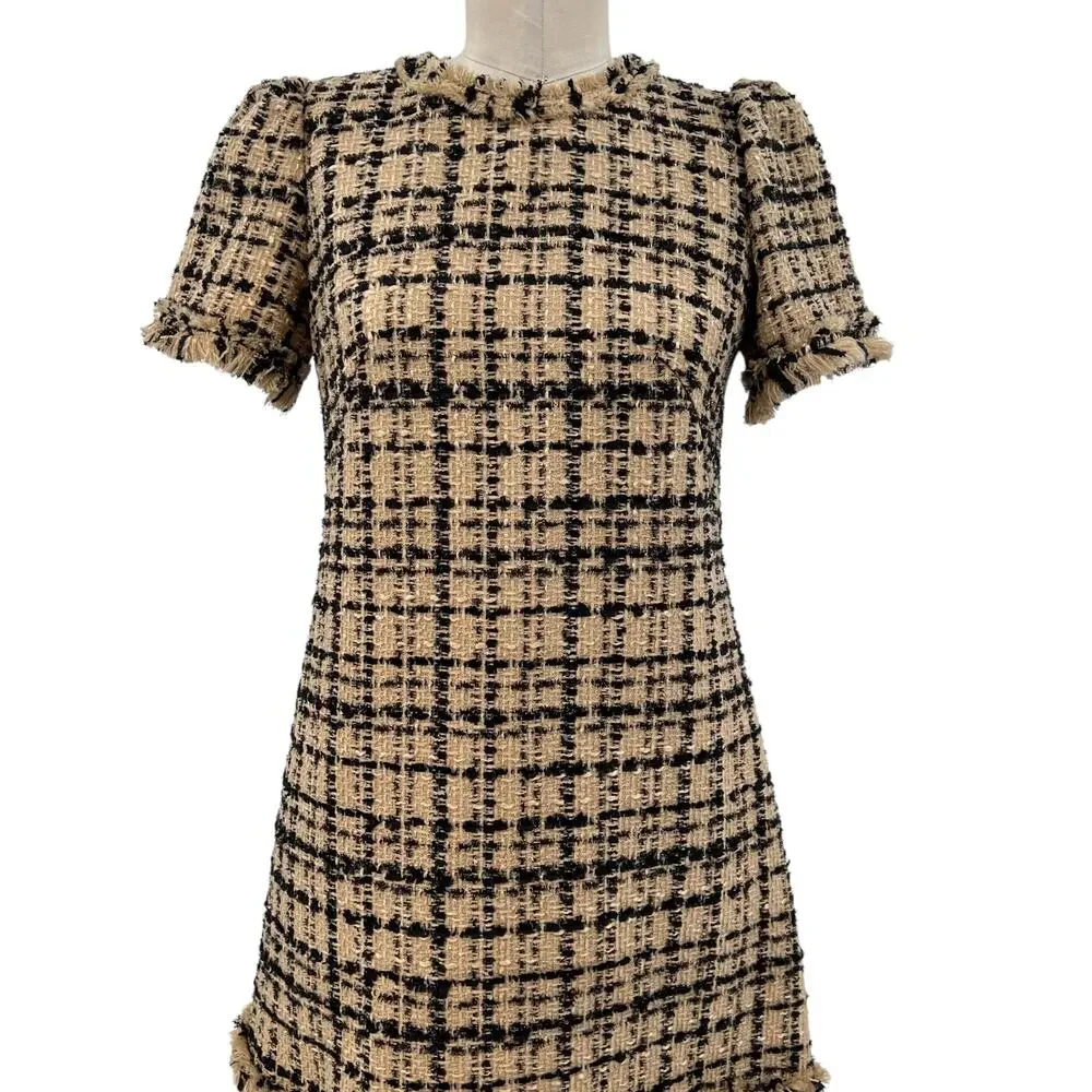 Kate Spade Two-Tone Tweed Dress Shift‎ Mini Check Plaid Tan Black Size US 2 - Picture 6 of 14